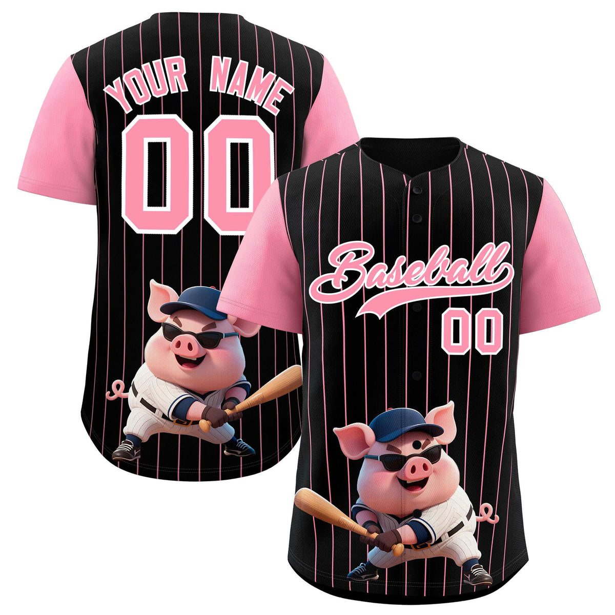 Custom Black Light Pink Stripe Animals Graffiti Pattern Raglan Sleeves Authentic Baseball Jersey