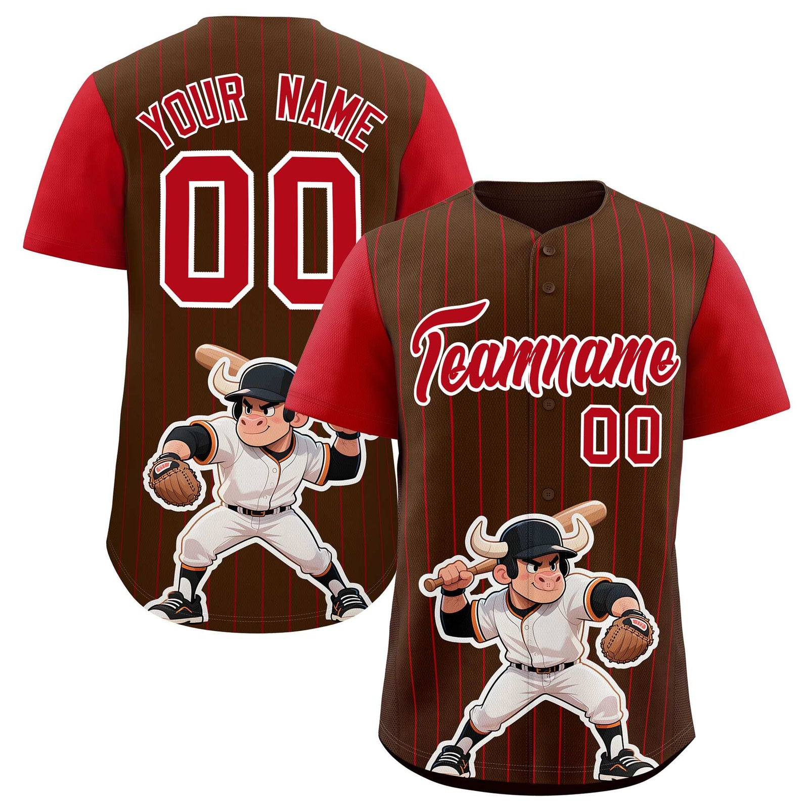 Custom Brown Red Stripe Animals Graffiti Pattern Raglan Sleeves Authentic Baseball Jersey