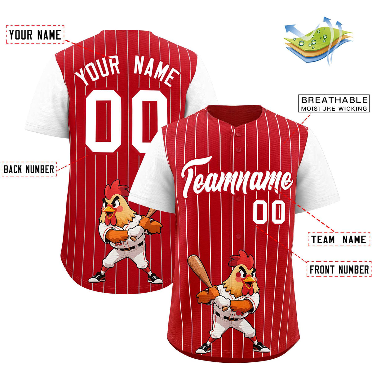 Custom Red White Stripe Animals Graffiti Pattern Raglan Sleeves Authentic Baseball Jersey
