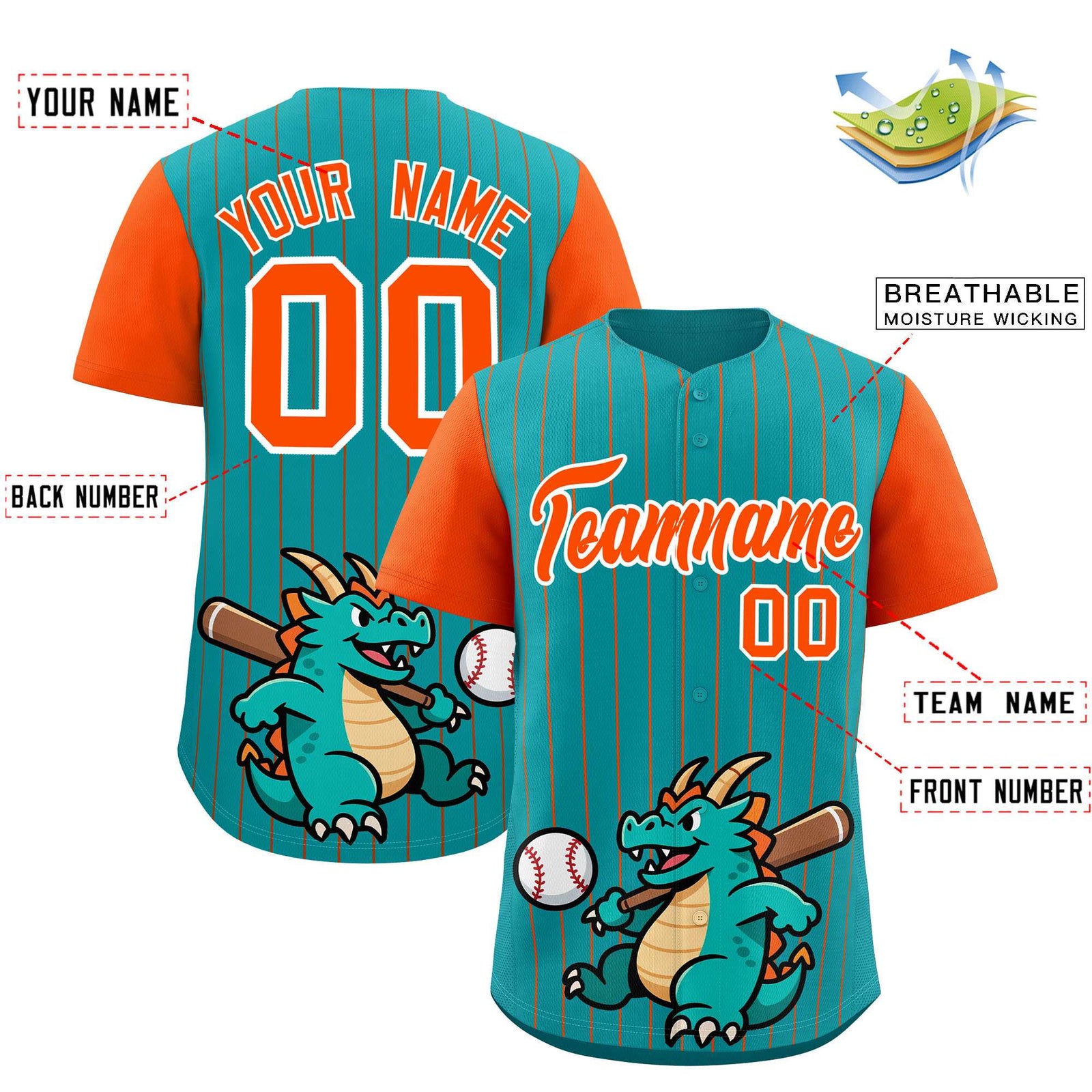 Custom Aqua Orange Stripe Animals Graffiti Pattern Raglan Sleeves Authentic Baseball Jersey