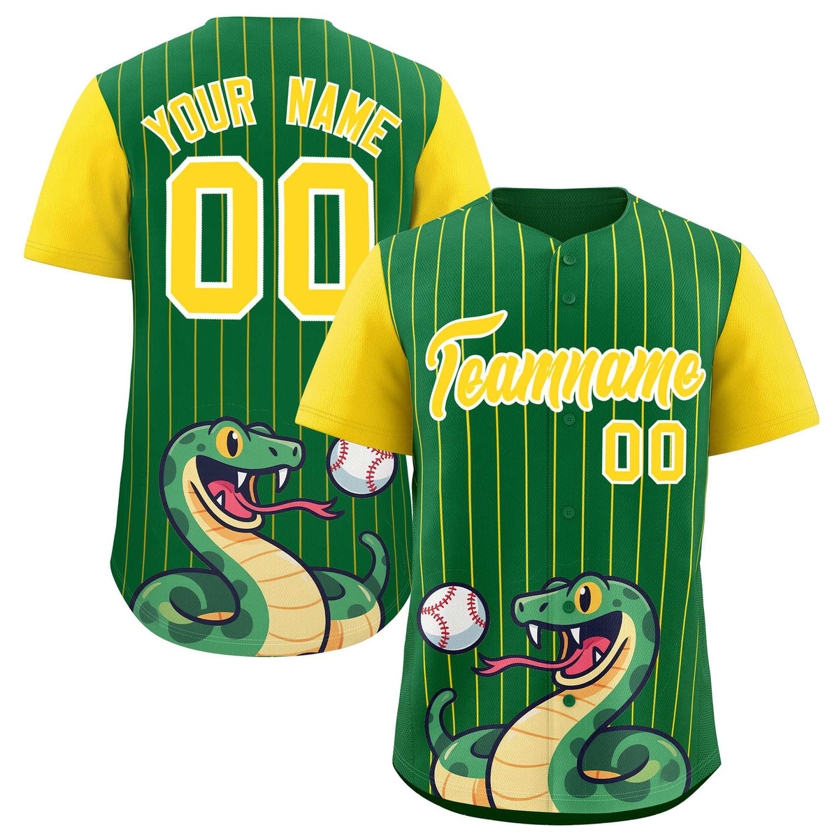 Custom Kelly Green Gold Stripe Animals Graffiti Pattern Raglan Sleeves Authentic Baseball Jersey
