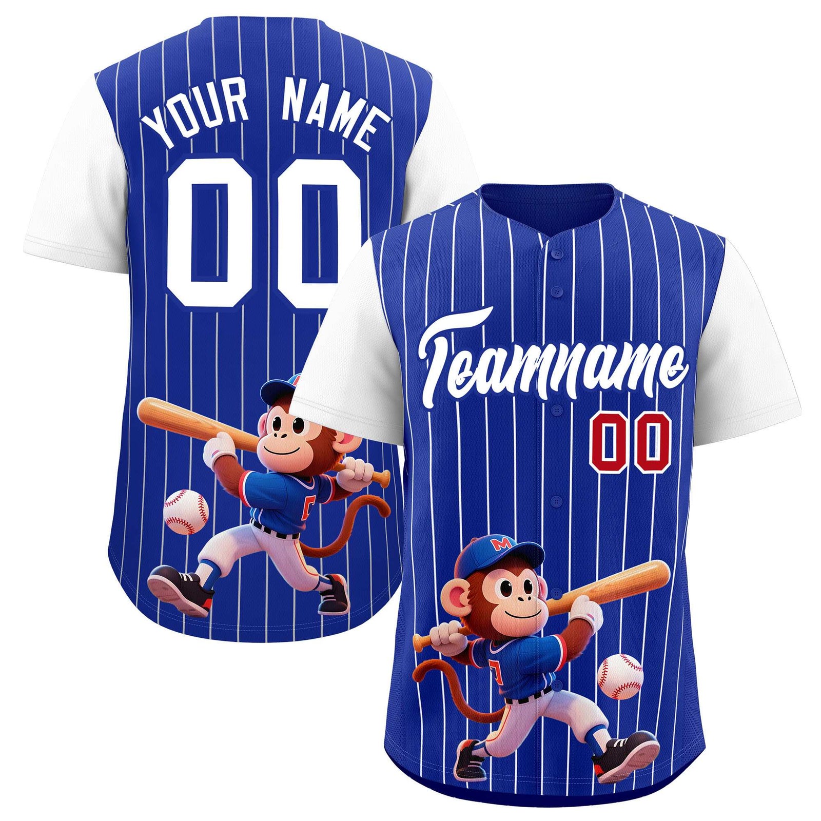Custom Royal White Stripe Animals Graffiti Pattern Raglan Sleeves Authentic Baseball Jersey