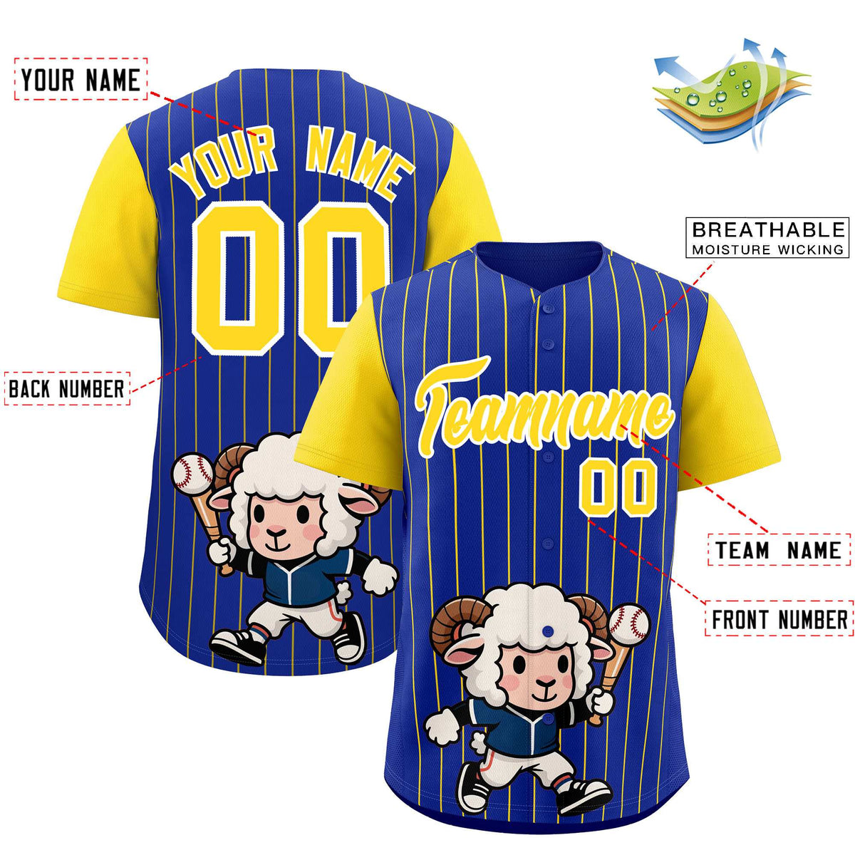 Custom Royal Gold Stripe Animals Graffiti Pattern Raglan Sleeves Authentic Baseball Jersey