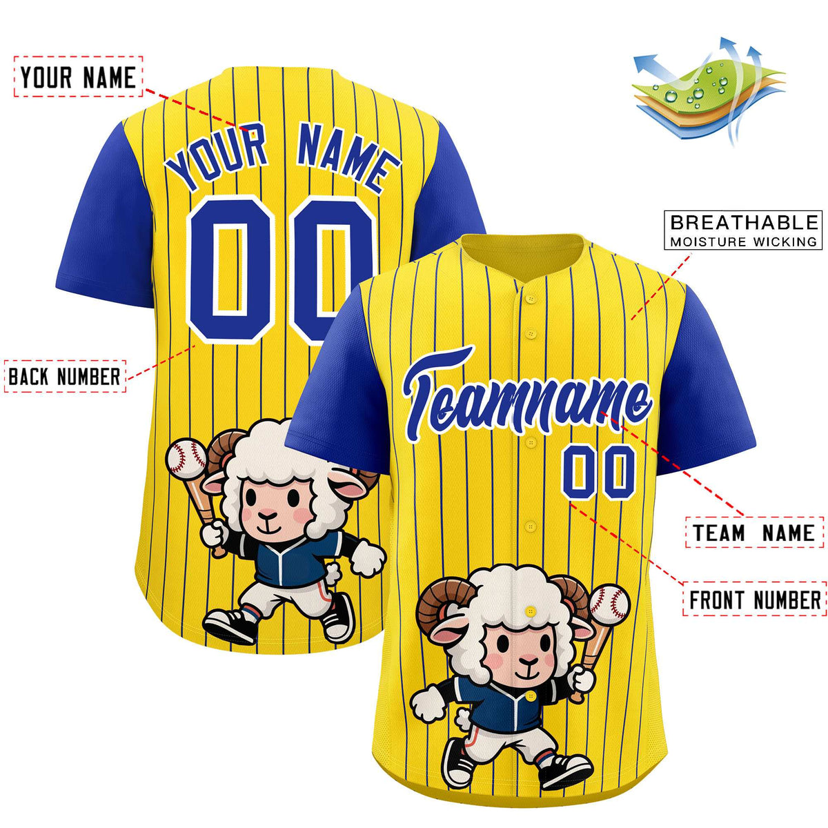 Custom Gold Royal Stripe Animals Graffiti Pattern Raglan Sleeves Authentic Baseball Jersey