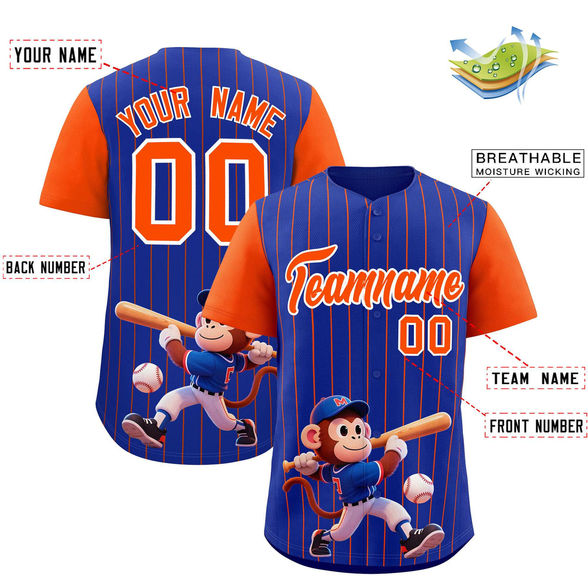 Custom Royal Orange Stripe Animals Graffiti Pattern Raglan Sleeves Authentic Baseball Jersey