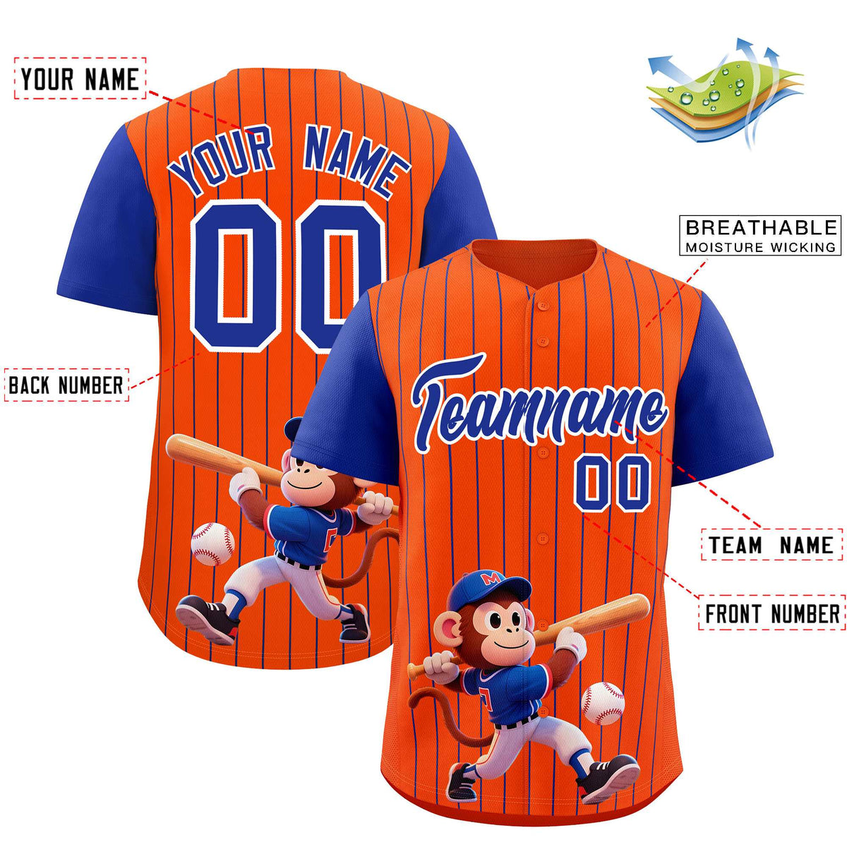 Custom Orange Royal Stripe Animals Graffiti Pattern Raglan Sleeves Authentic Baseball Jersey