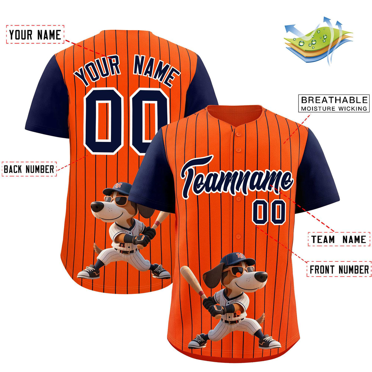 Custom Orange Navy Stripe Animals Graffiti Pattern Raglan Sleeves Authentic Baseball Jersey
