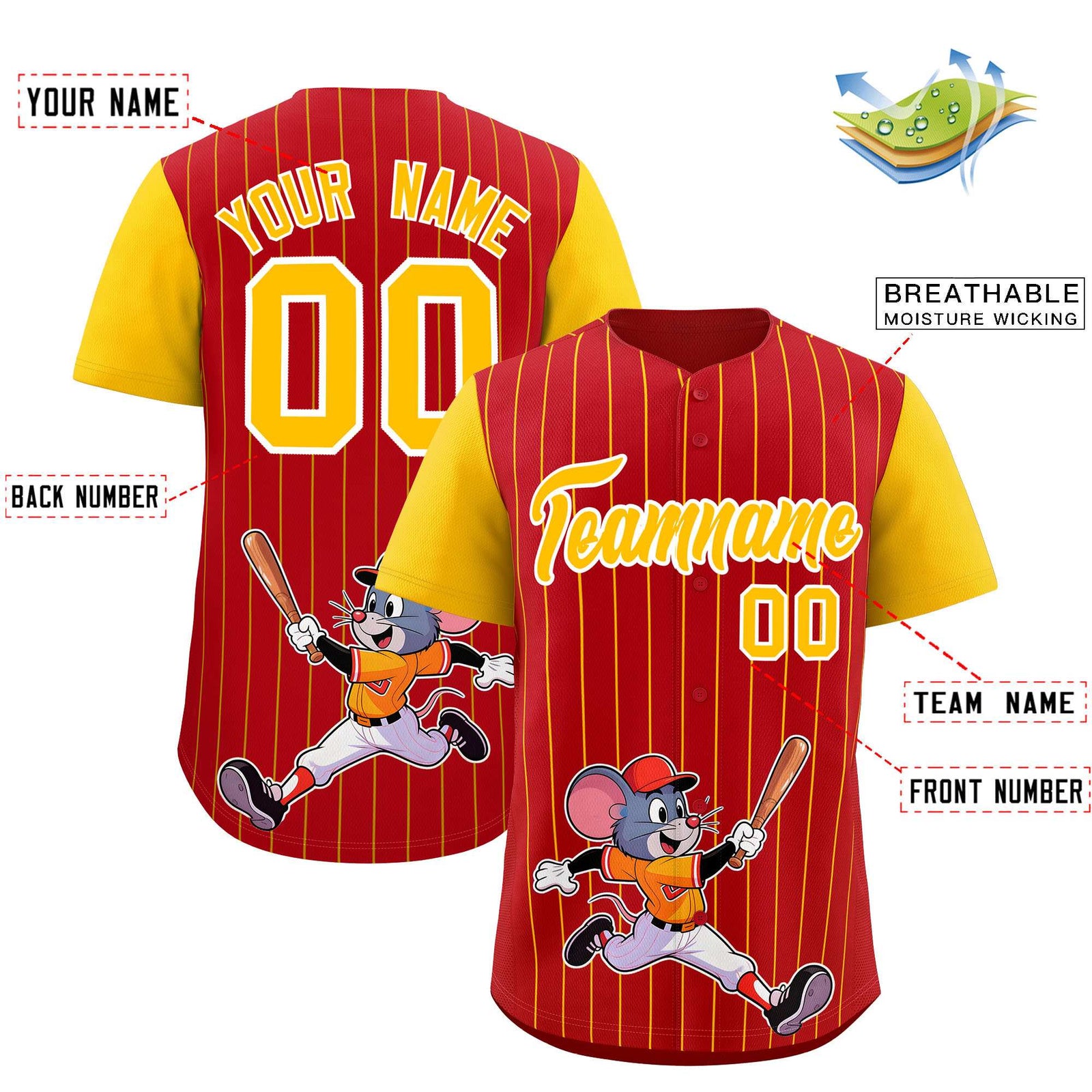 Custom Red Yellow Stripe Animals Graffiti Pattern Raglan Sleeves Authentic Baseball Jersey
