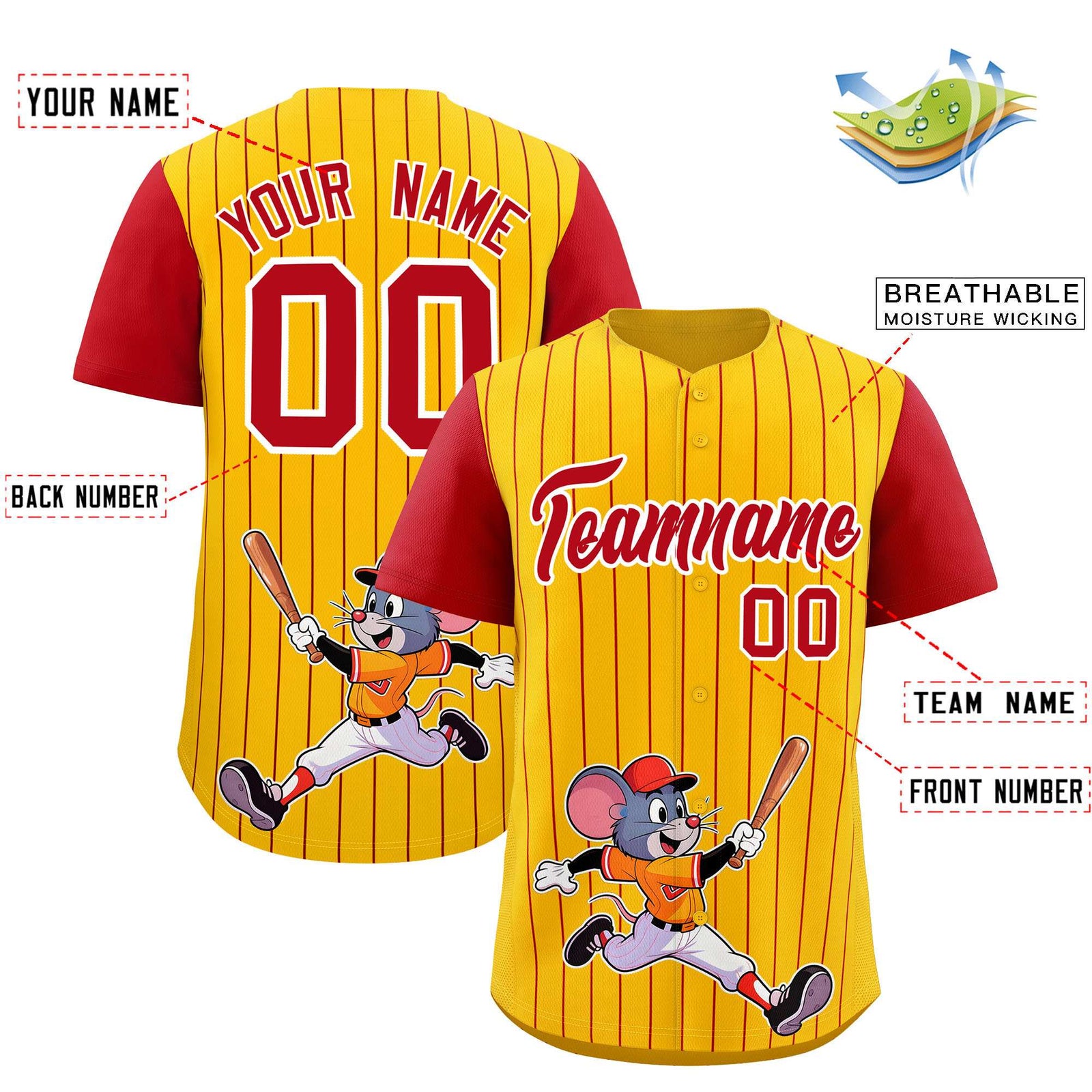 Custom Yellow Red Stripe Animals Graffiti Pattern Raglan Sleeves Authentic Baseball Jersey