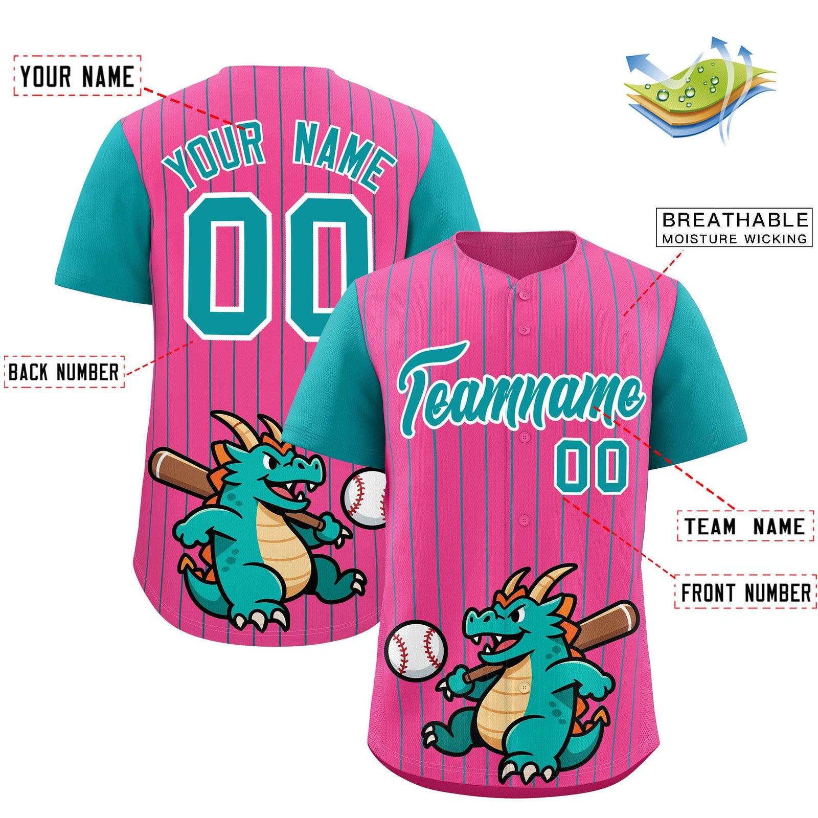 Custom Pink Aqua Stripe Animals Graffiti Pattern Raglan Sleeves Authentic Baseball Jersey