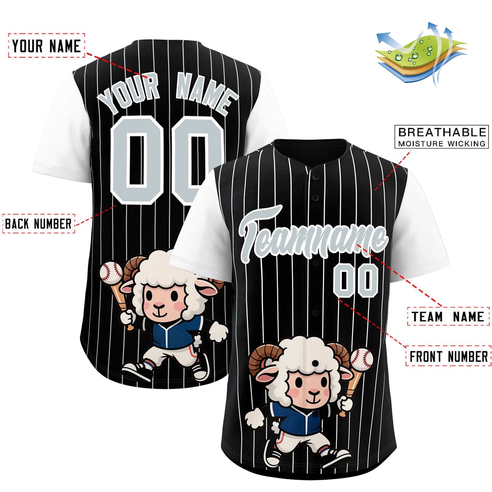 Custom Black White Stripe Animals Graffiti Pattern Raglan Sleeves Authentic Baseball Jersey