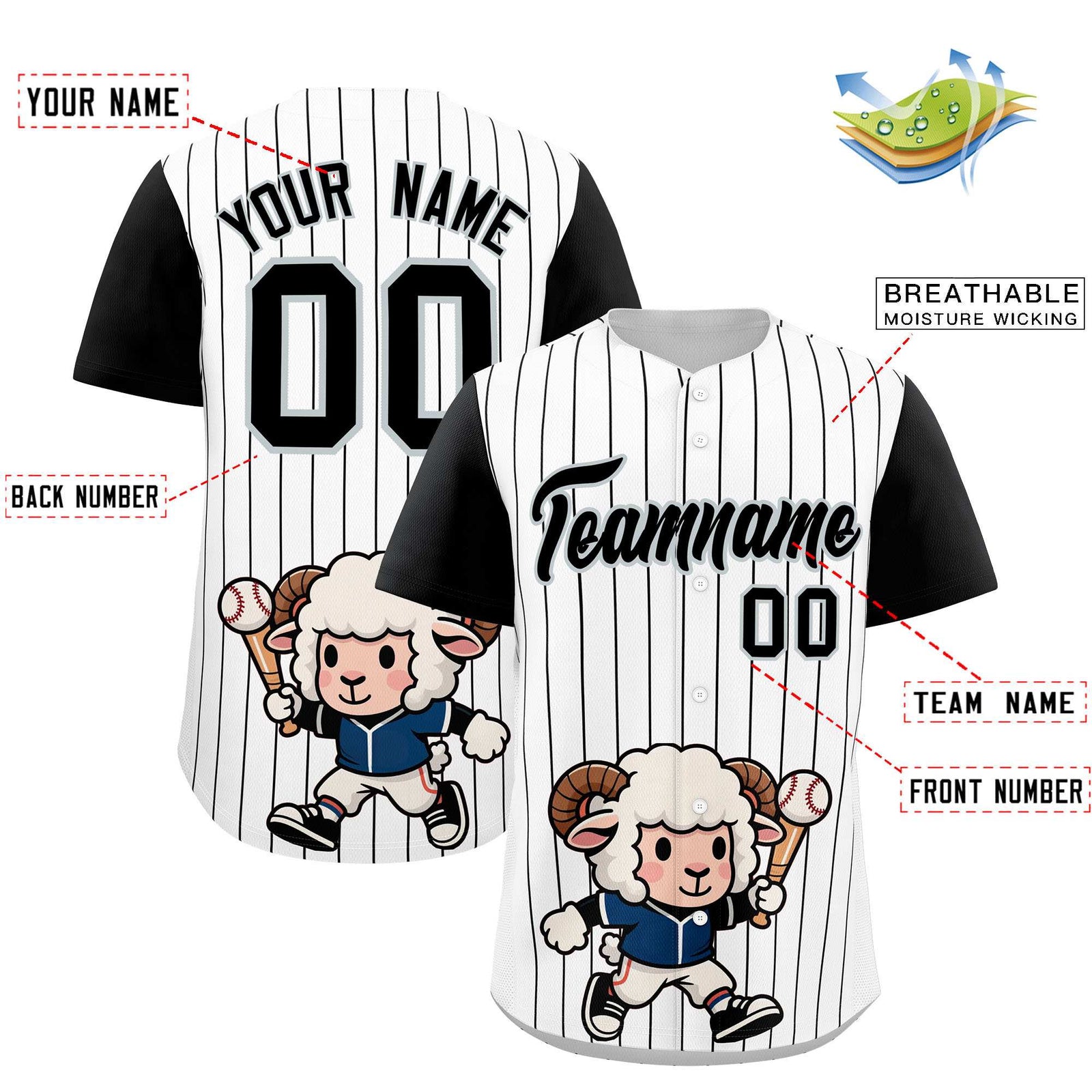 Custom White Black Stripe Animals Graffiti Pattern Raglan Sleeves Authentic Baseball Jersey