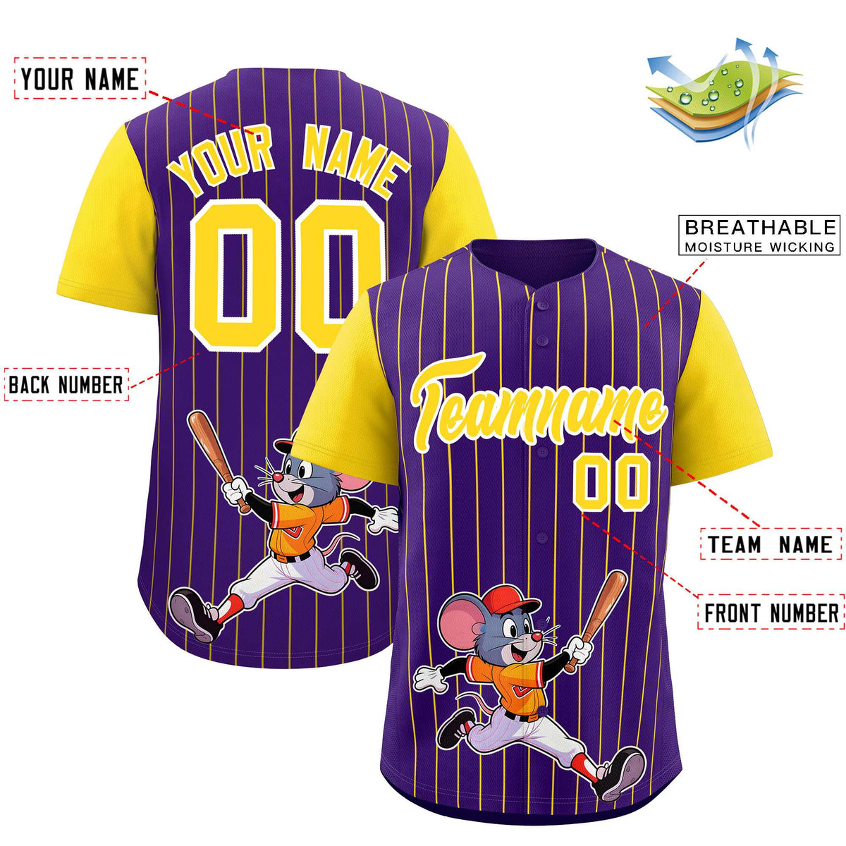 Custom Purple Gold Stripe Animals Graffiti Pattern Raglan Sleeves Authentic Baseball Jersey