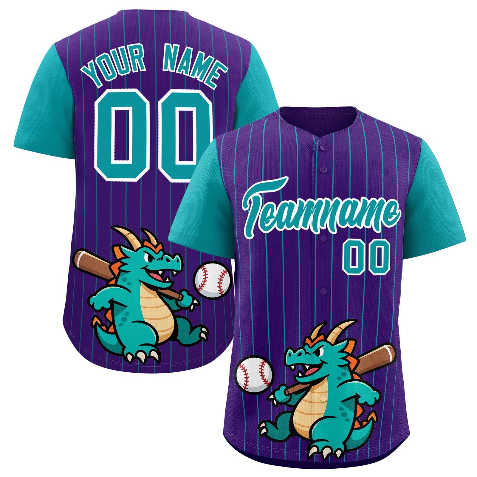 Custom Purple Aqua Stripe Animals Graffiti Pattern Raglan Sleeves Authentic Baseball Jersey