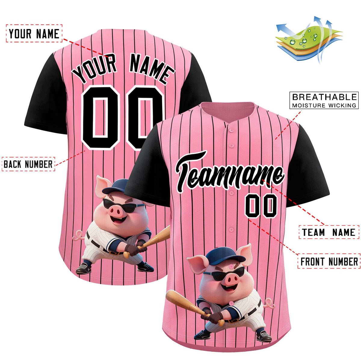 Custom Light Pink White Stripe Animals Graffiti Pattern Raglan Sleeves Authentic Baseball Jersey