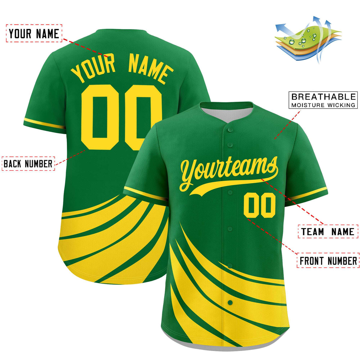 Custom Kelly Green Yellow Wind Mark Graffiti Pattern Authentic Baseball Jersey