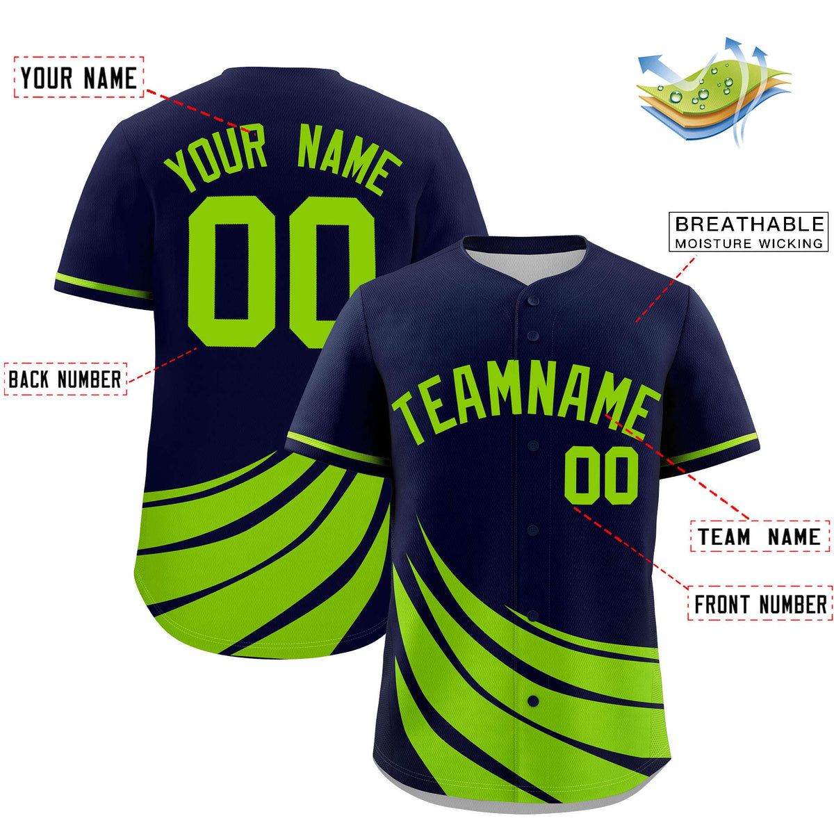 Custom Navy Neon Green Wind Mark Graffiti Pattern Authentic Baseball Jersey