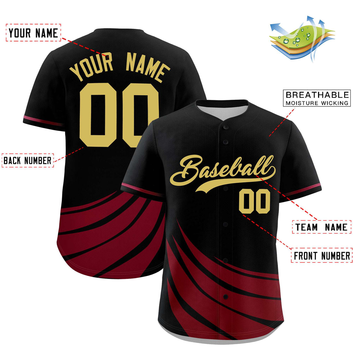 Custom Black Crimson Wind Mark Graffiti Pattern Authentic Baseball Jersey