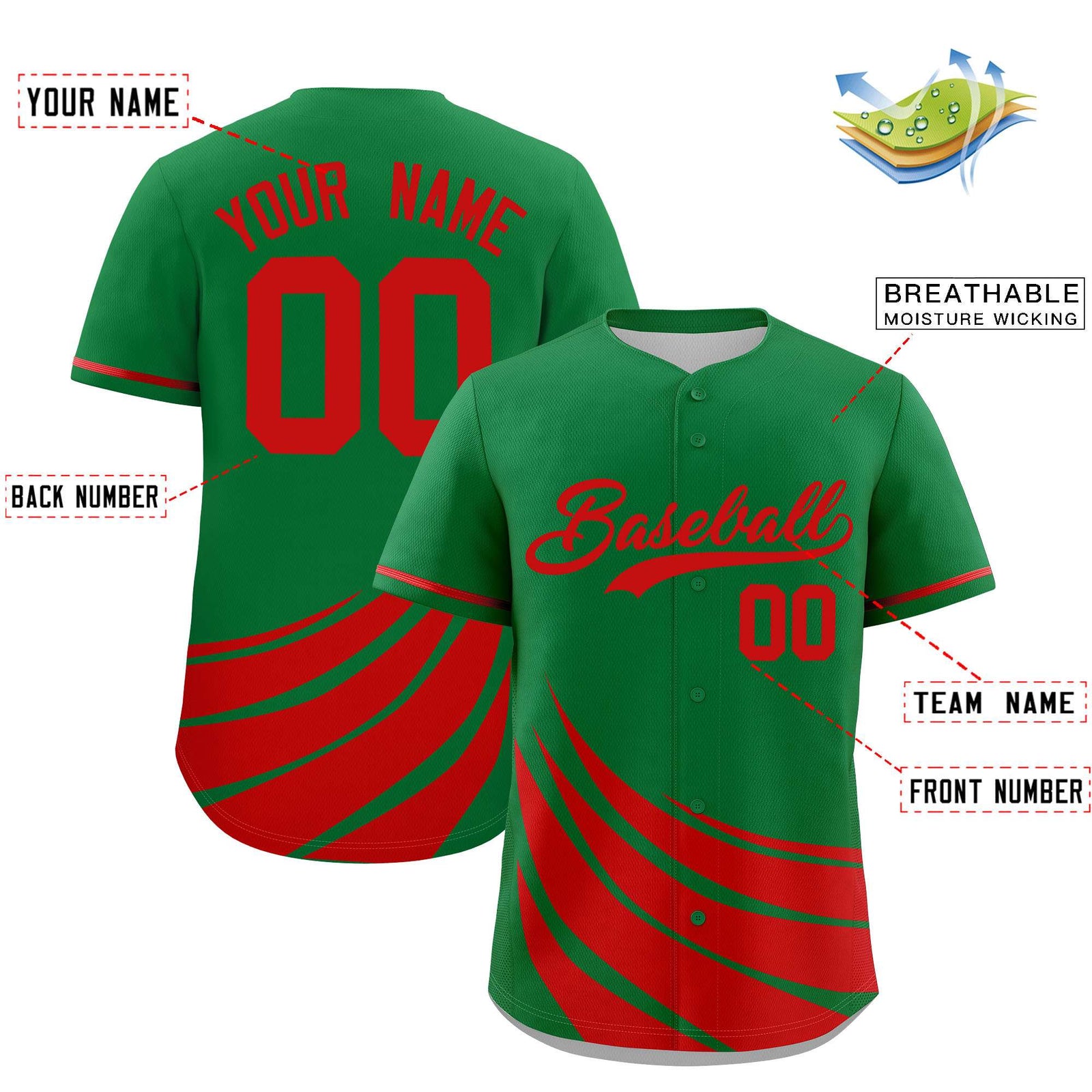 Custom Kelly Green Red Wind Mark Graffiti Pattern Authentic Baseball Jersey