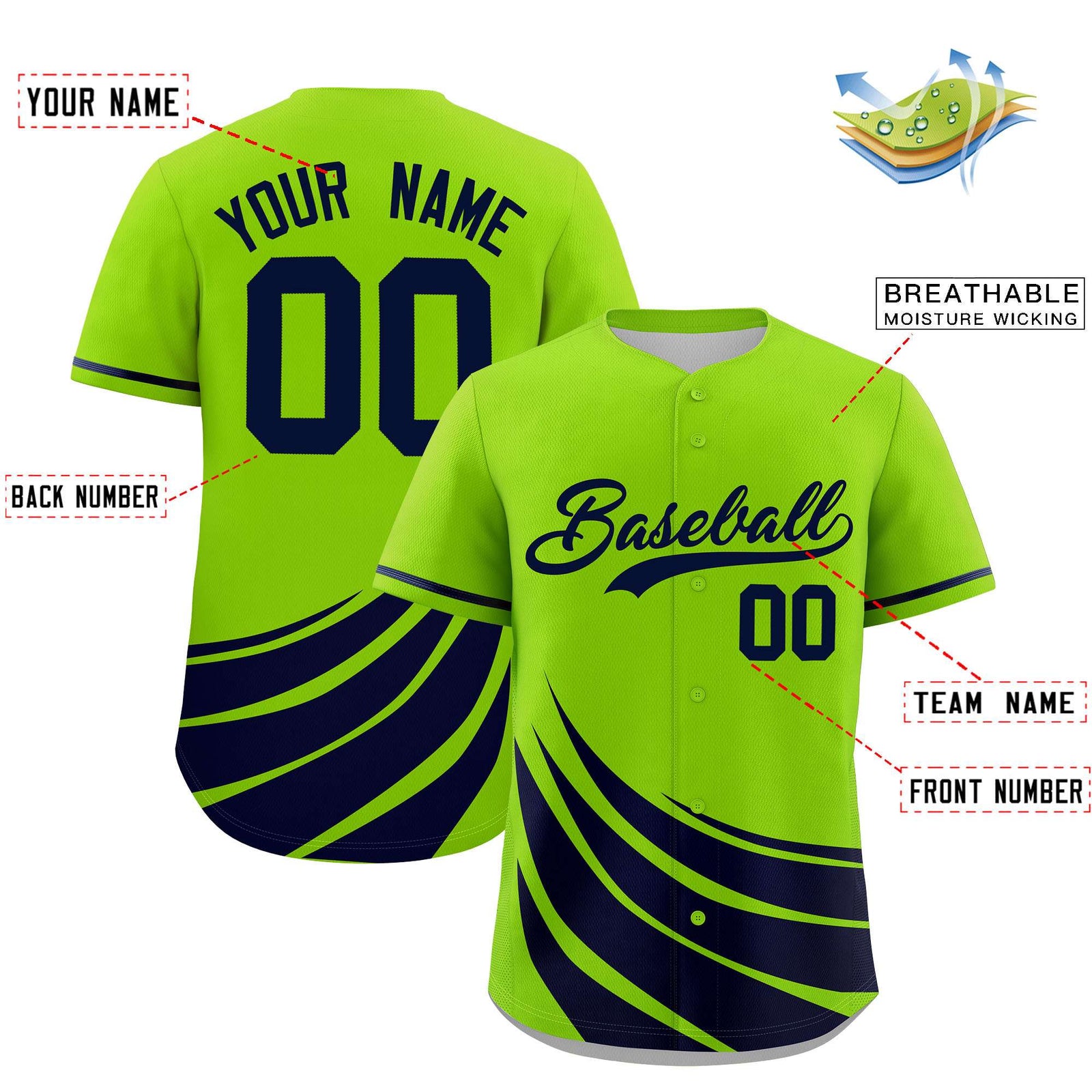 Custom Neon Green Navy Wind Mark Graffiti Pattern Authentic Baseball Jersey