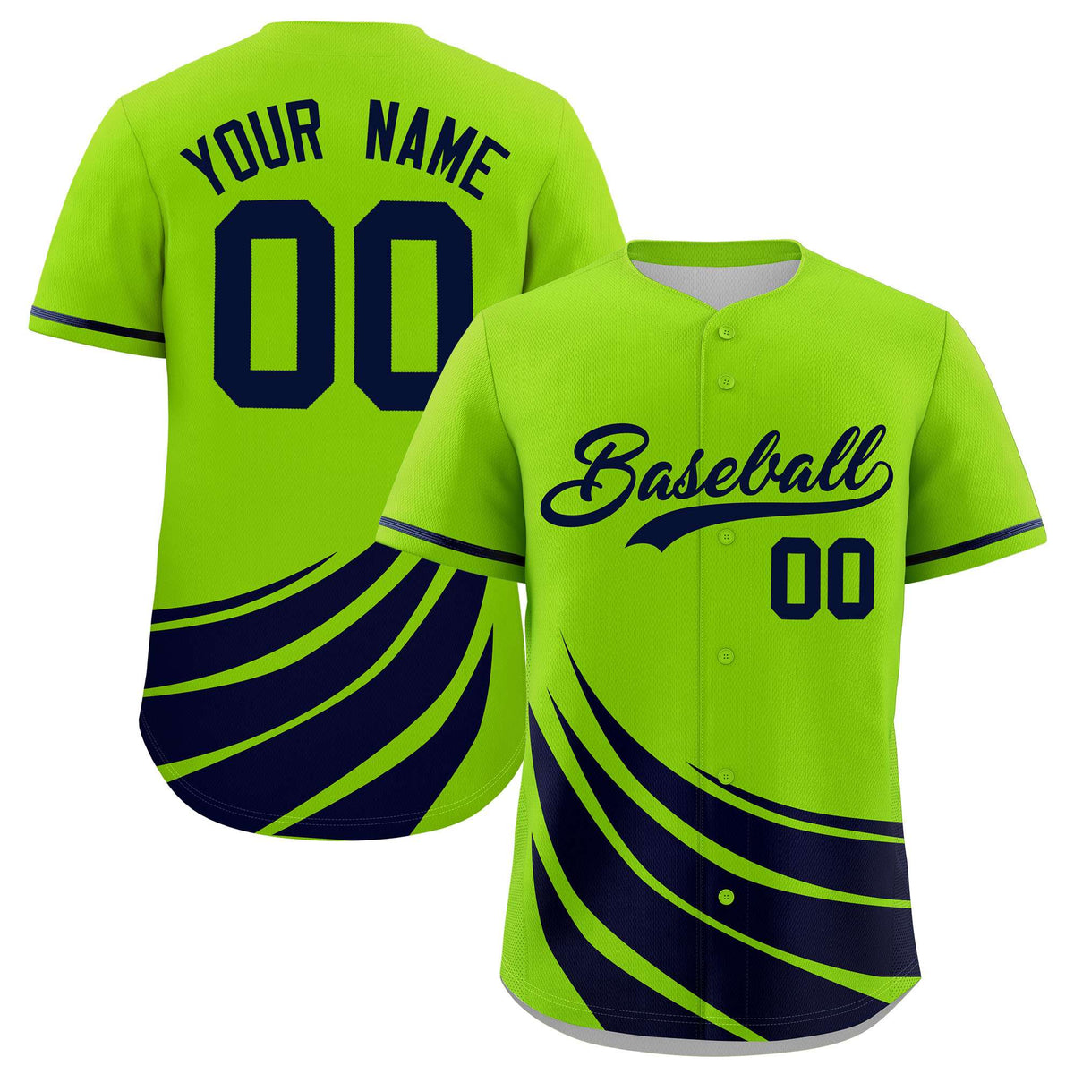Custom Neon Green Navy Wind Mark Graffiti Pattern Authentic Baseball Jersey