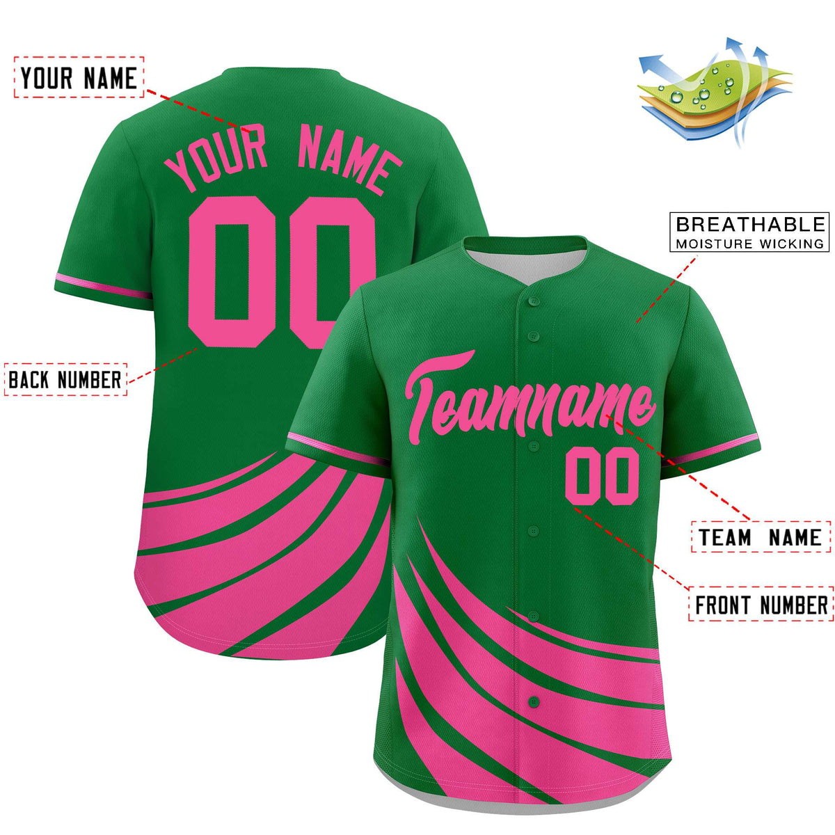 Custom Kelly Green Pink Wind Mark Graffiti Pattern Authentic Baseball Jersey