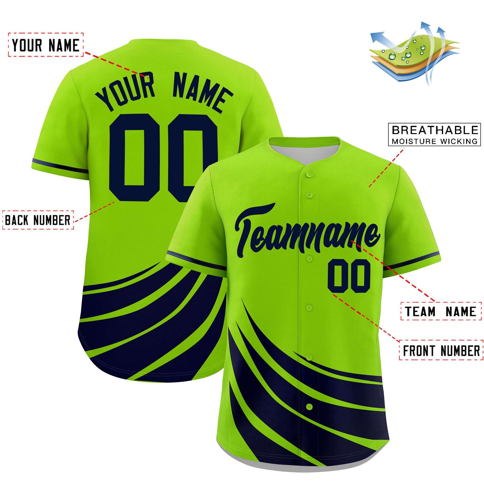 Custom Neon Green Navy Wind Mark Graffiti Pattern Authentic Baseball Jersey