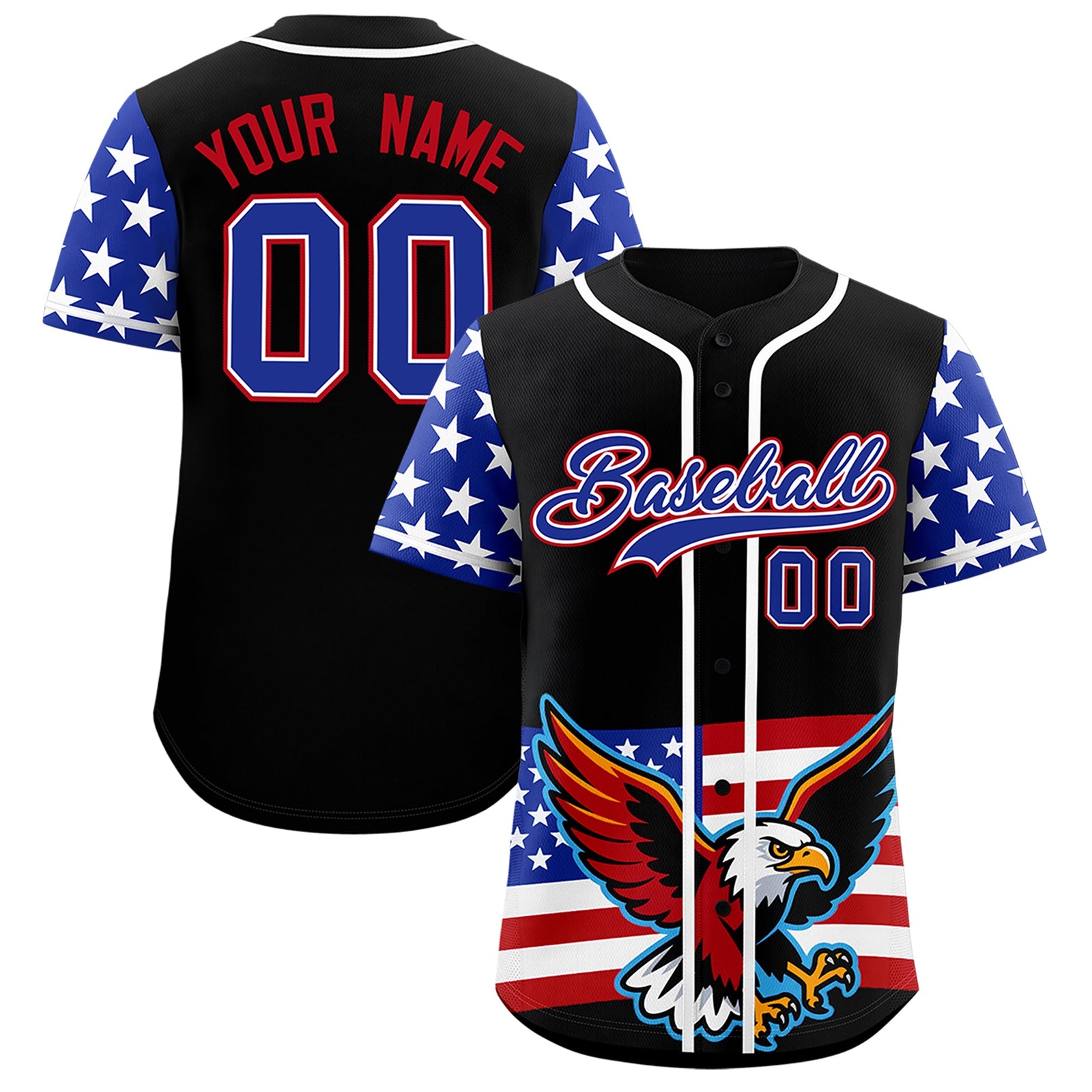 Custom Black Royal Blue White American Flag Graffiti Pattern Split Fashion Independence Day Stretch Fabric Baseball Jersey| KXKSHOP