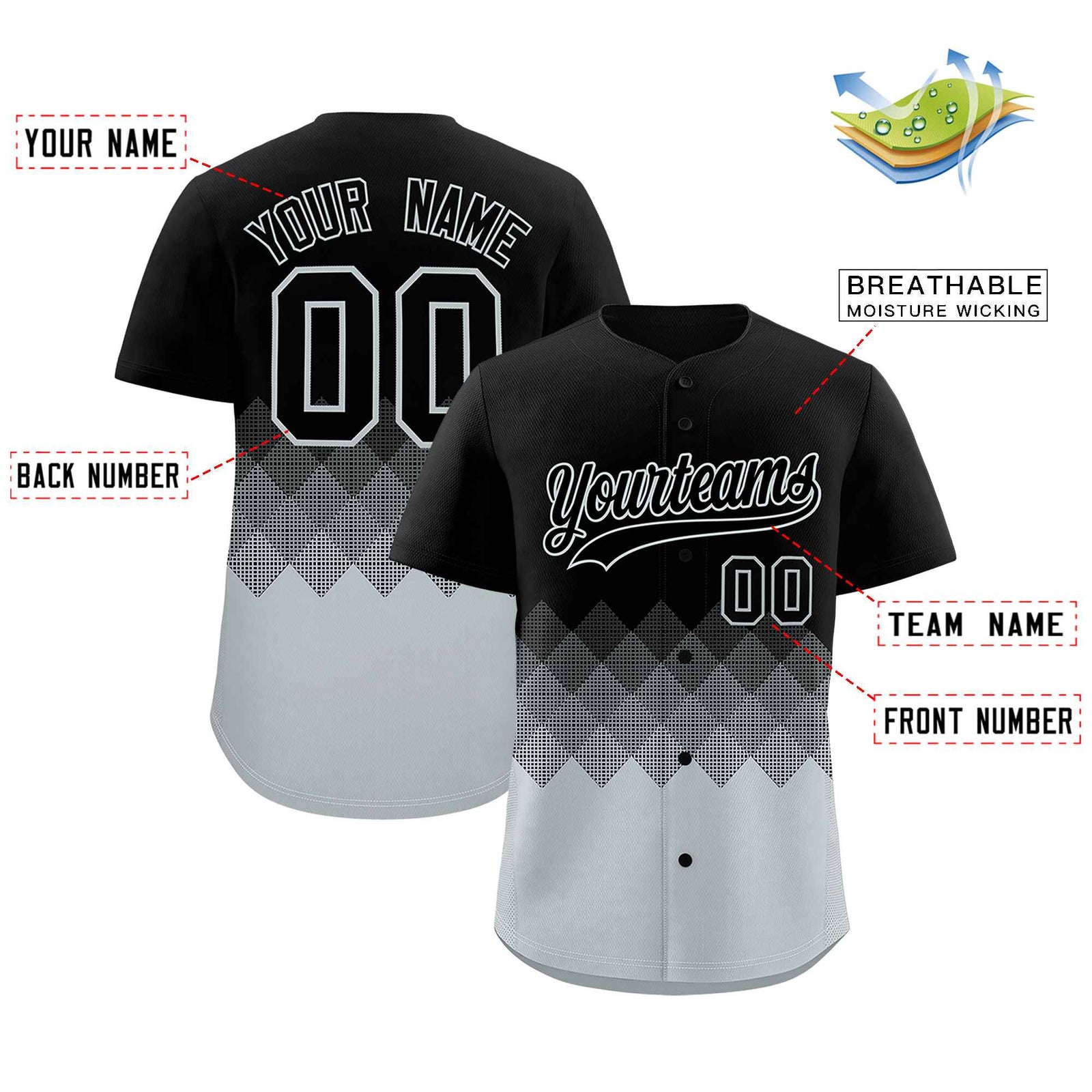 Custom Black Silver Grid Blur Pattern Authentic Baseball Jersey