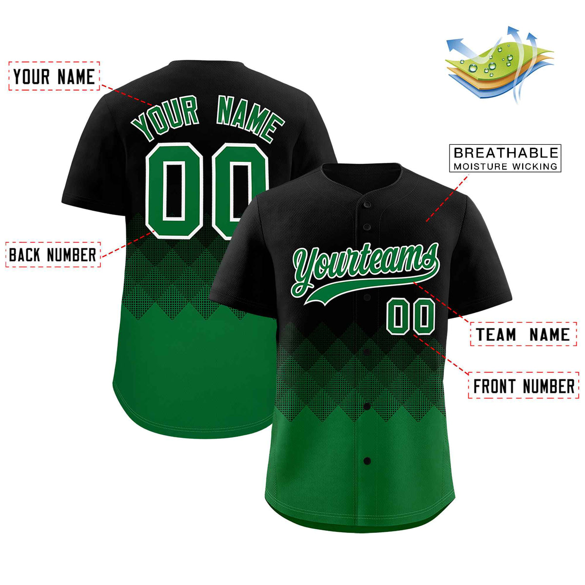 Custom Black Kelly Green Grid Blur Pattern Authentic Baseball Jersey