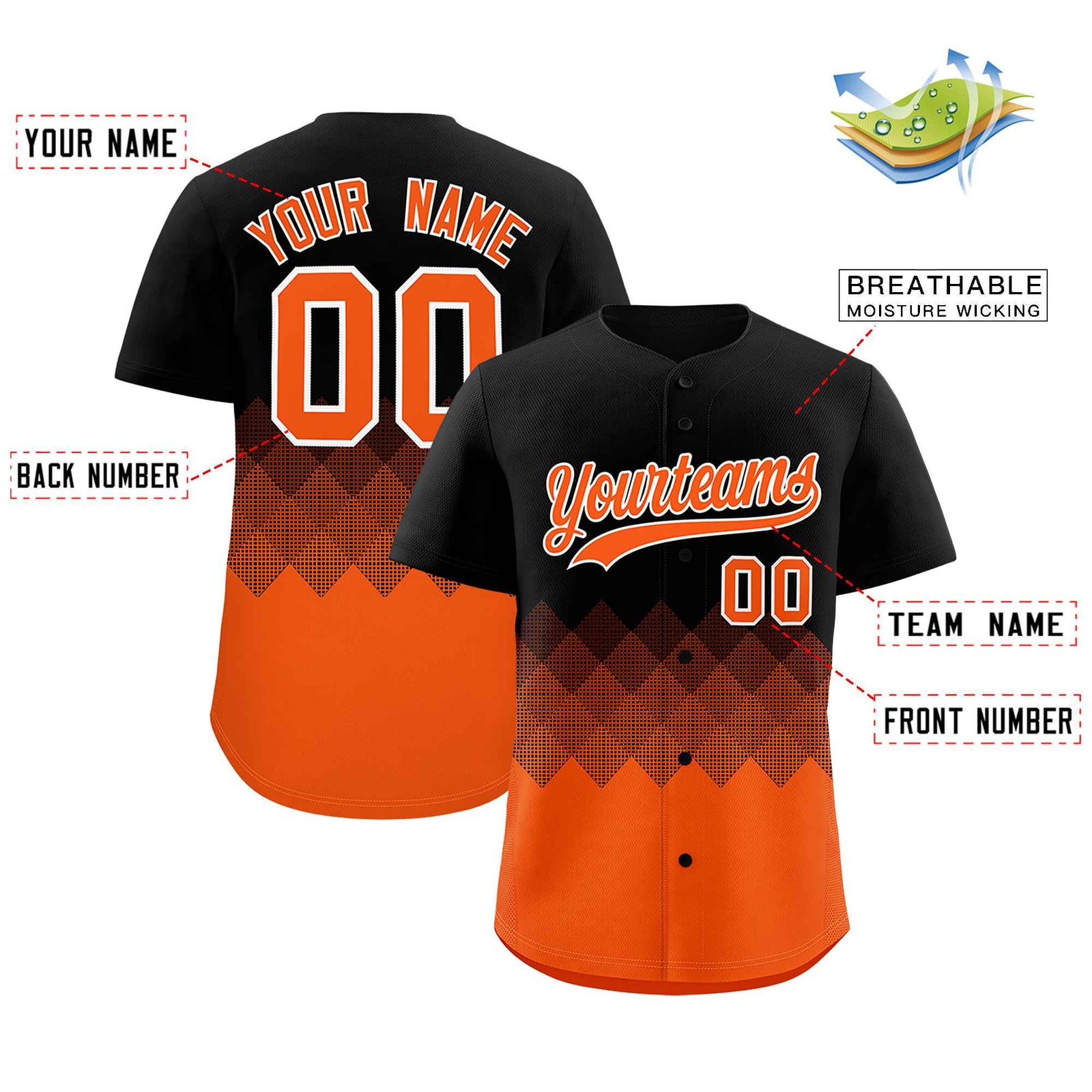 Custom Black Orange Grid Blur Pattern Authentic Baseball Jersey
