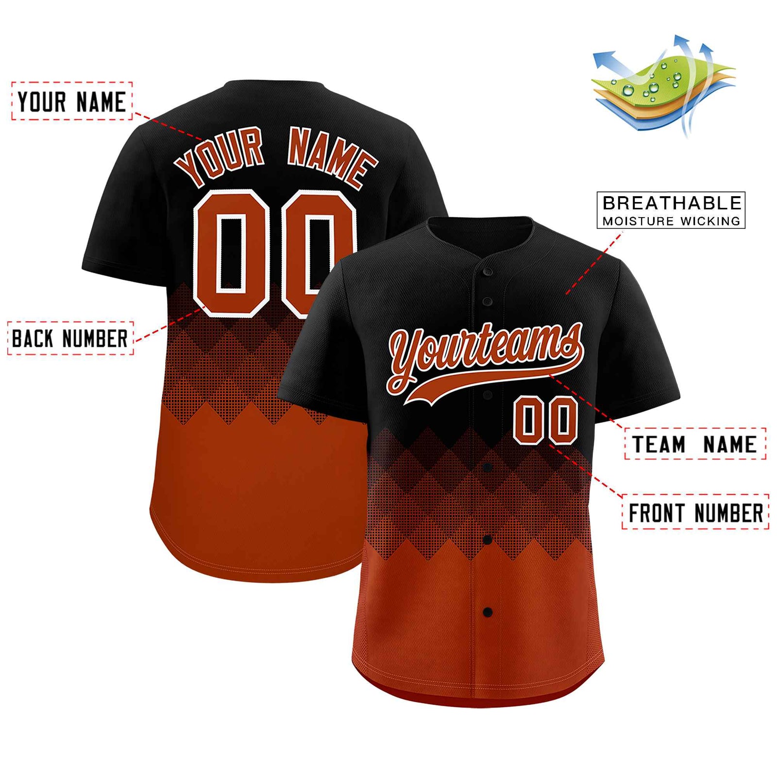 Custom Black Texas Orange Grid Blur Pattern Authentic Baseball Jersey