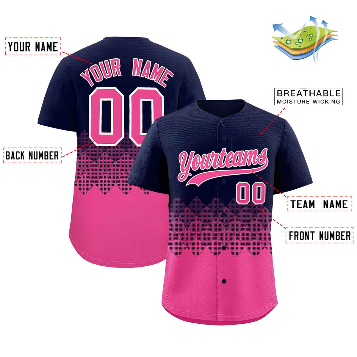 Custom Navy Pink Grid Blur Pattern Authentic Baseball Jersey
