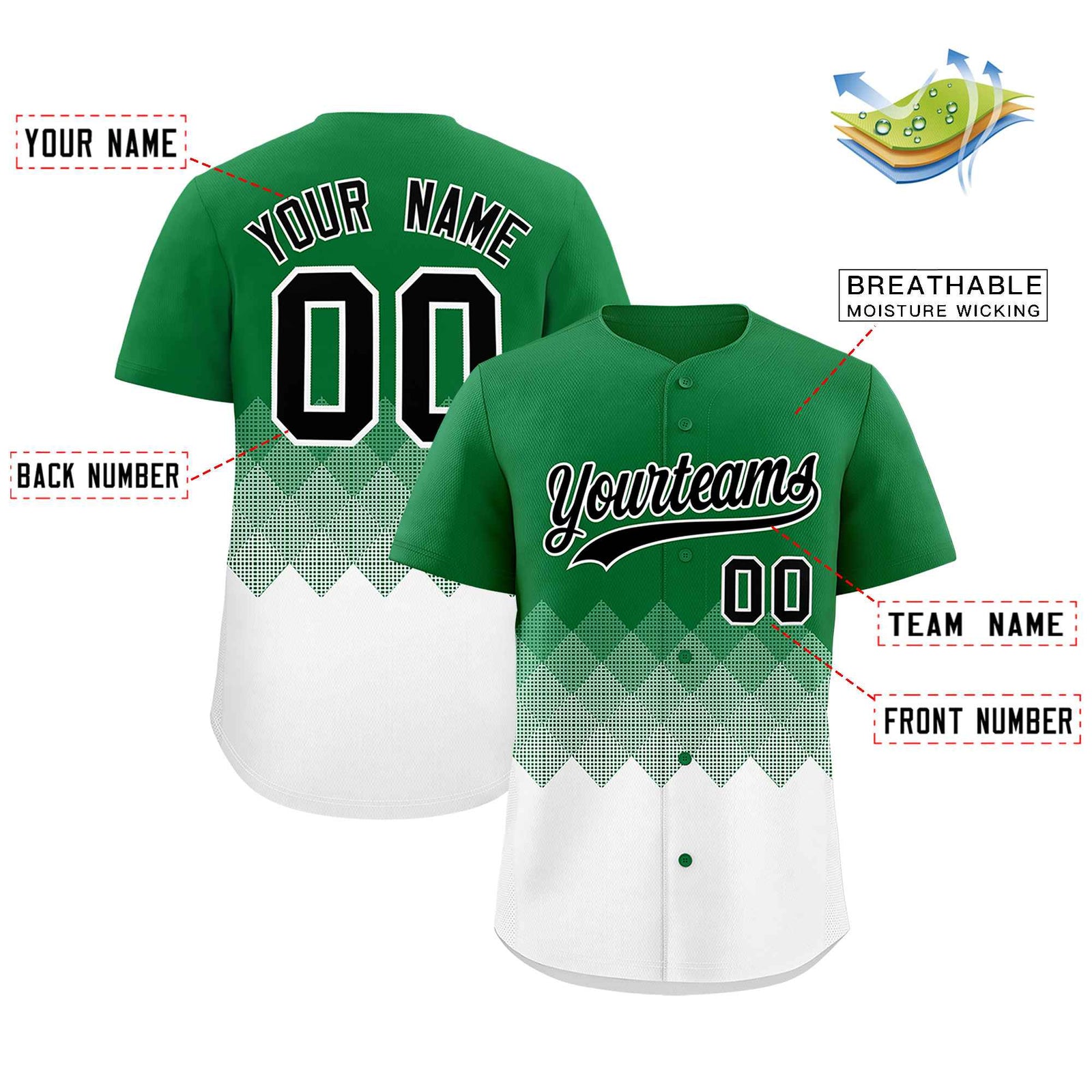 Custom Kelly Green White Grid Blur Pattern Authentic Baseball Jersey