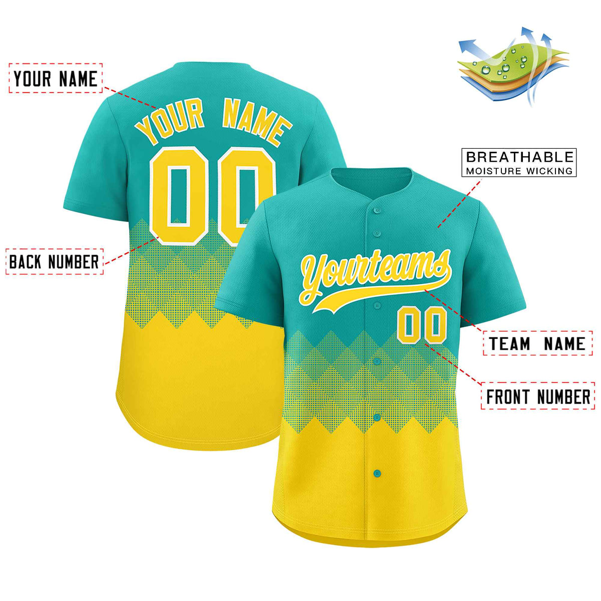 Custom Aqua Gold Grid Blur Pattern Authentic Baseball Jersey