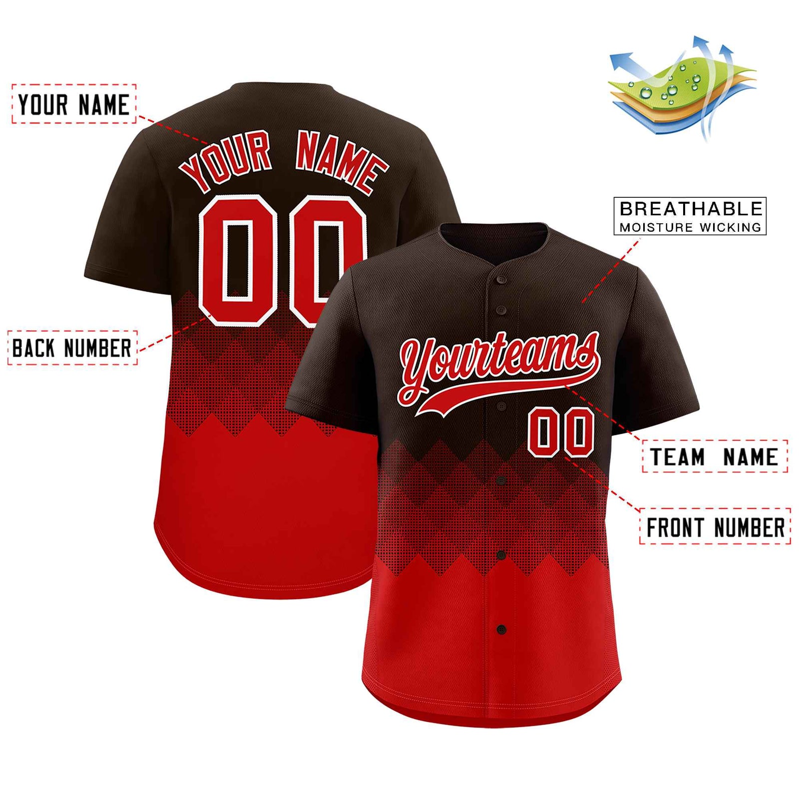 Custom Brown Red Grid Blur Pattern Authentic Baseball Jersey