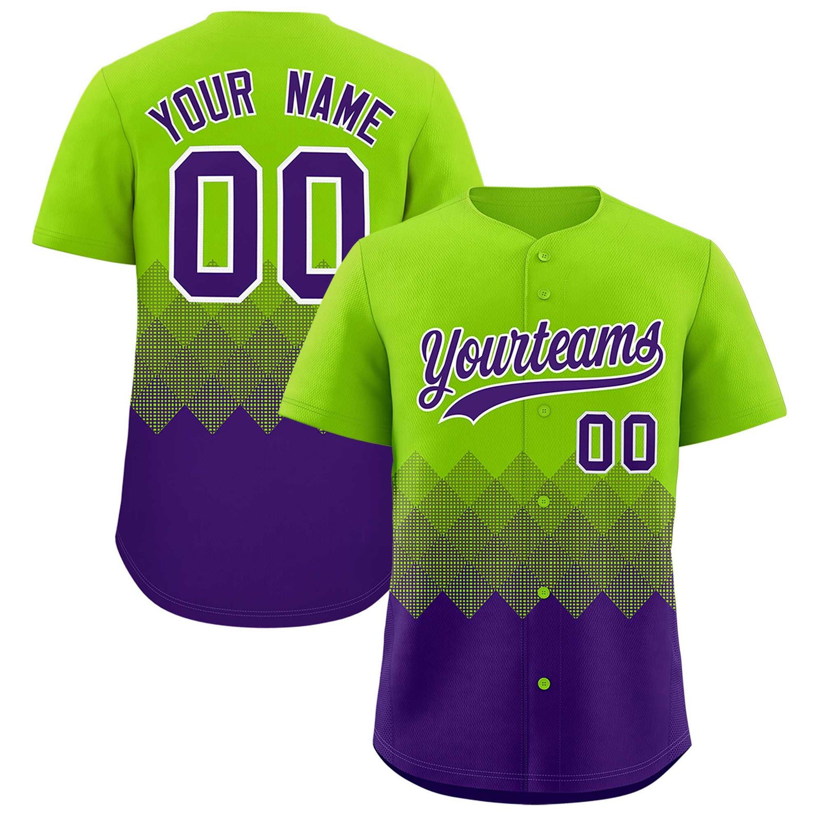 Custom Neon Green Purple Grid Blur Pattern Authentic Baseball Jersey