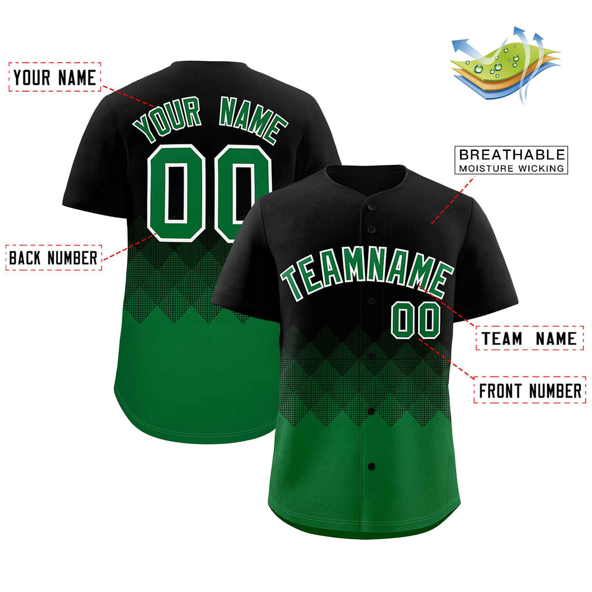 Custom Black Kelly Green Grid Blur Pattern Authentic Baseball Jersey