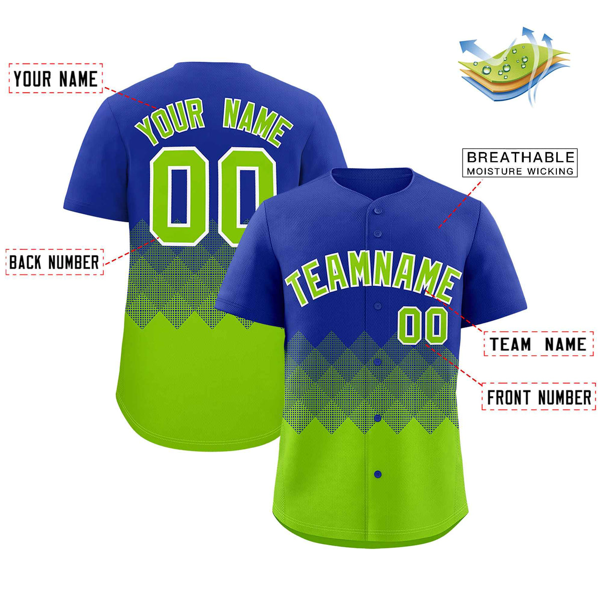 Custom Royal Neon Green Grid Blur Pattern Authentic Baseball Jersey