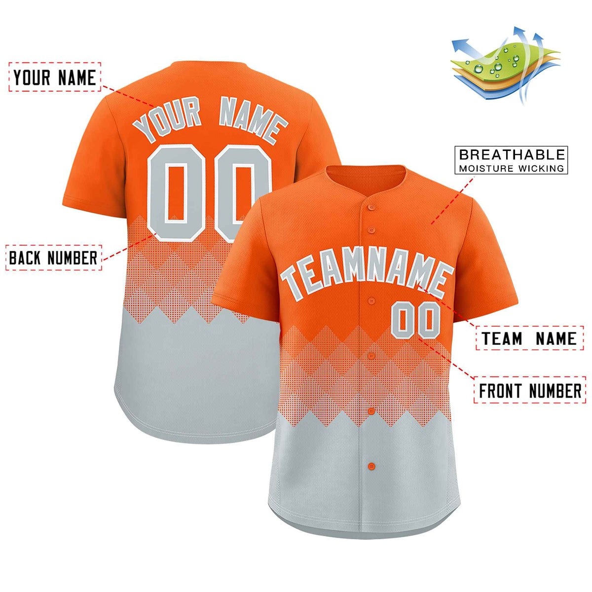 Custom Orange Silver Grid Blur Pattern Authentic Baseball Jersey