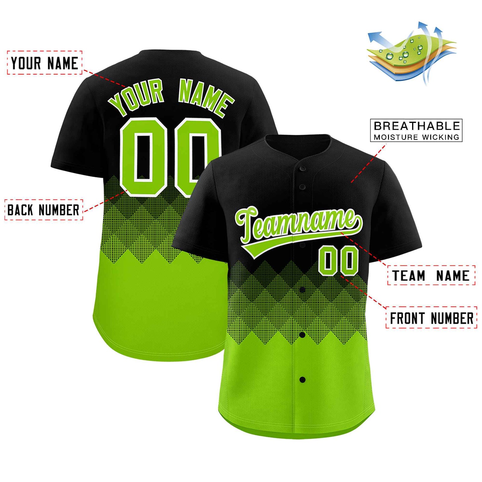 Custom Black Neon Green Grid Blur Pattern Authentic Baseball Jersey