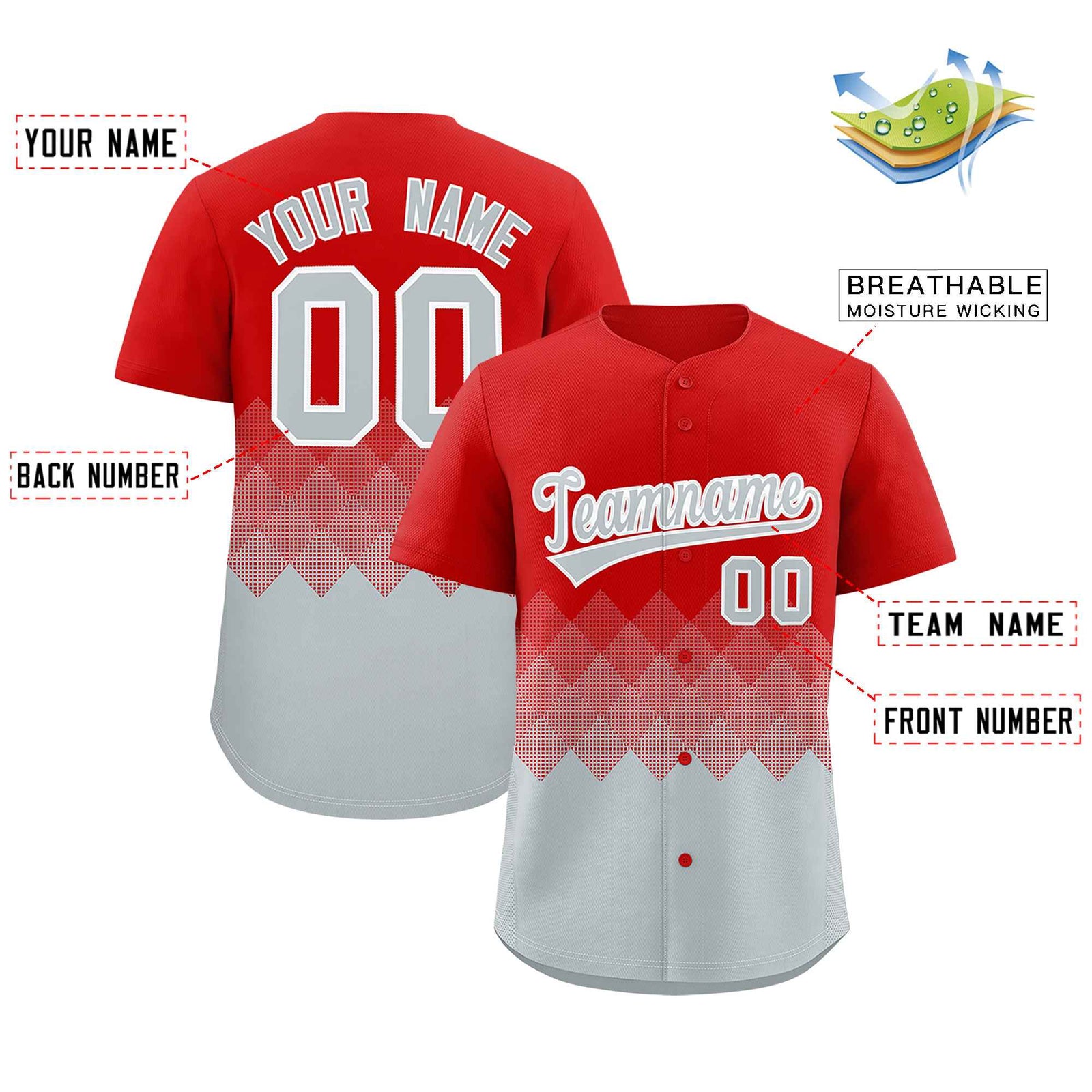 Custom Red Silver Grid Blur Pattern Authentic Baseball Jersey
