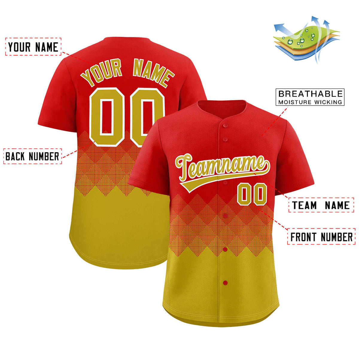 Custom Red Old Gold Grid Blur Pattern Authentic Baseball Jersey