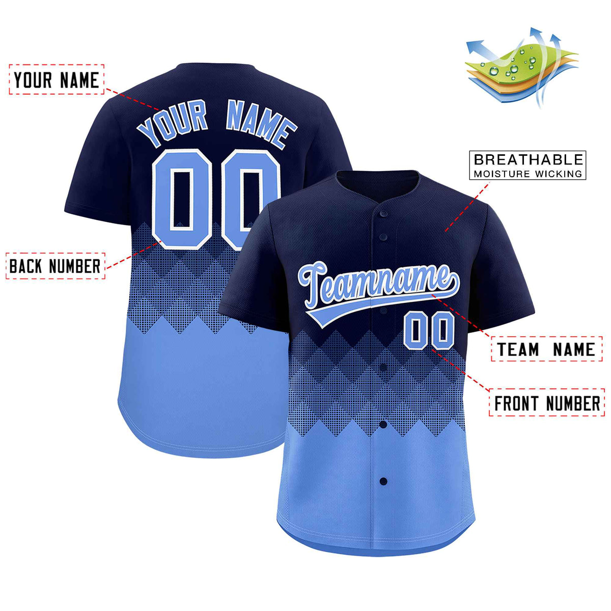 Custom Navy Powder Blue Grid Blur Pattern Authentic Baseball Jersey