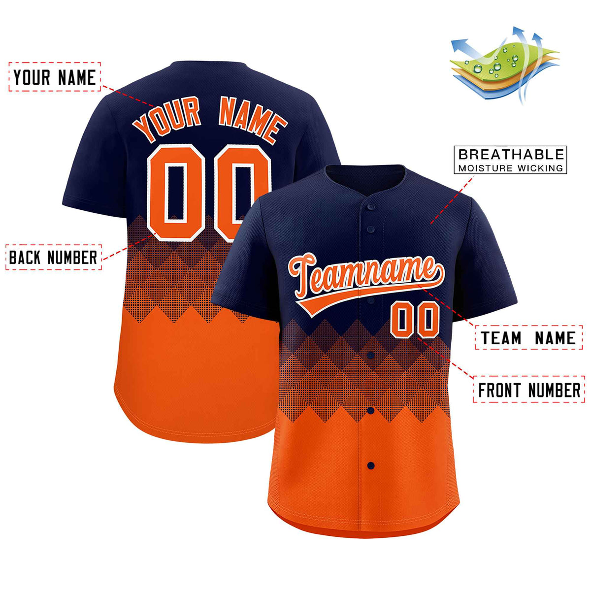 Custom Navy Orange Grid Blur Pattern Authentic Baseball Jersey