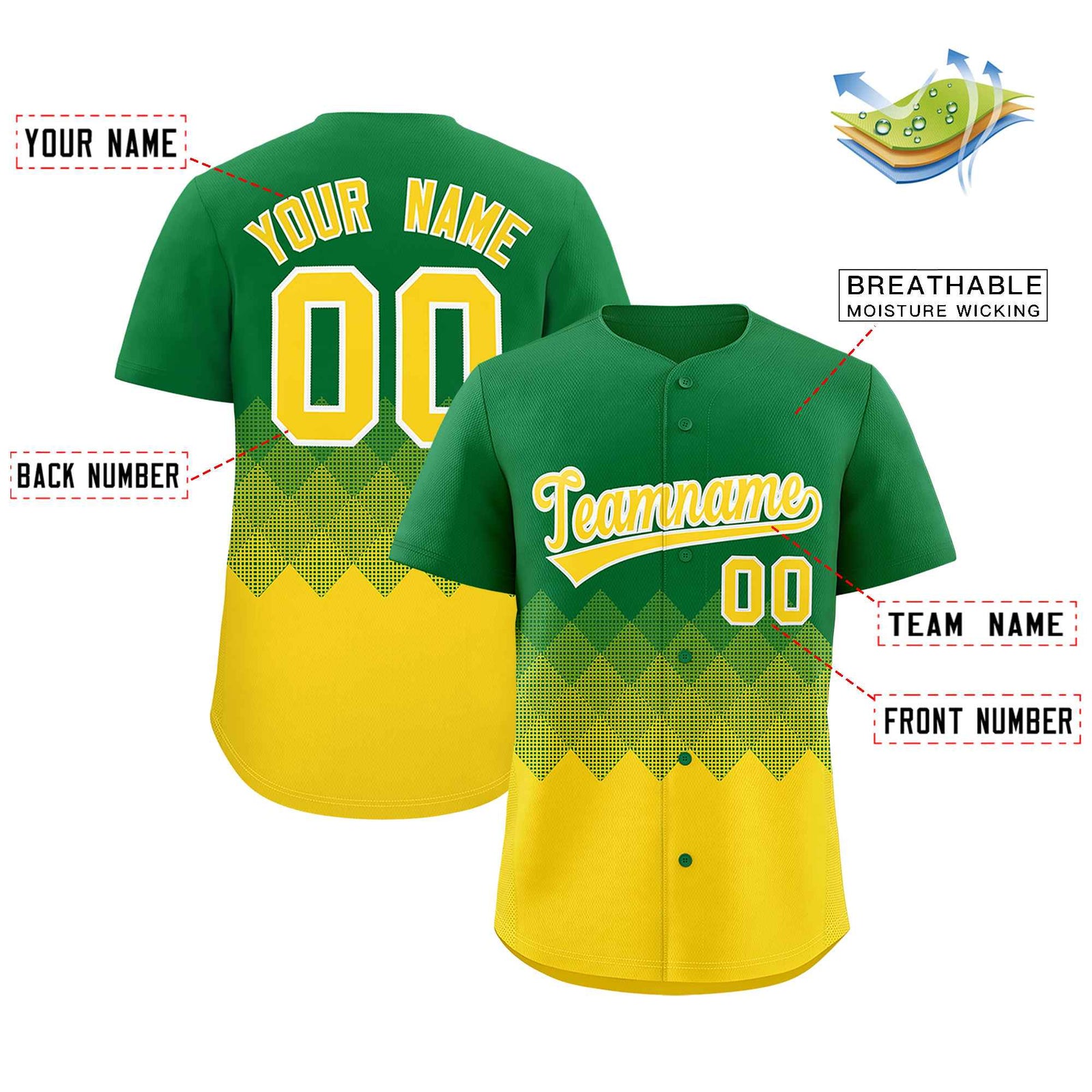 Custom Kelly Green Gold Grid Blur Pattern Authentic Baseball Jersey