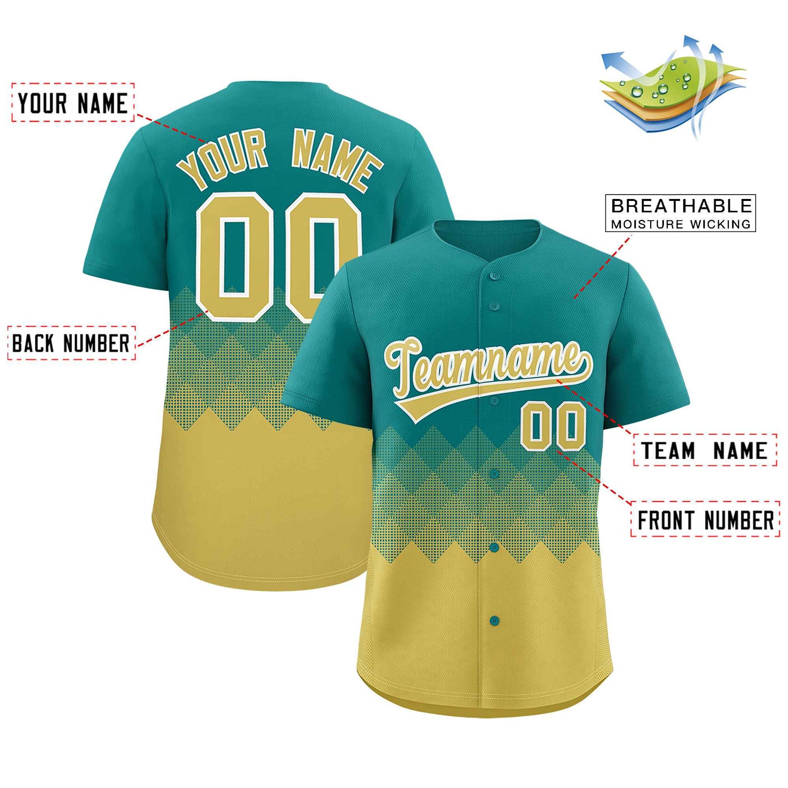 Custom Aqua Old Gold Grid Blur Pattern Authentic Baseball Jersey