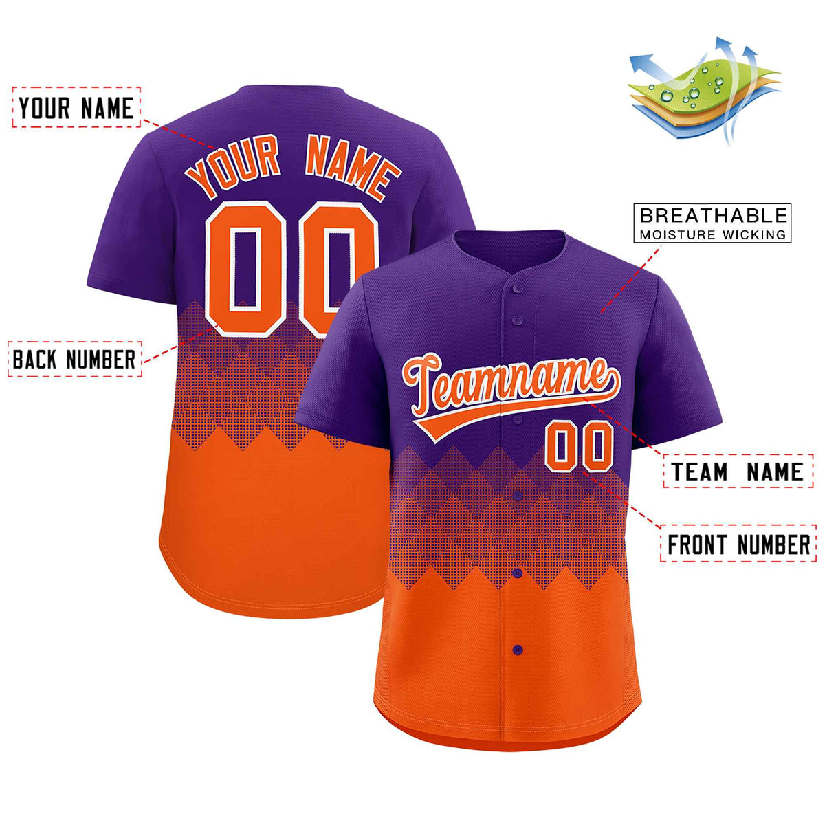Custom Purple Orange Grid Blur Pattern Authentic Baseball Jersey