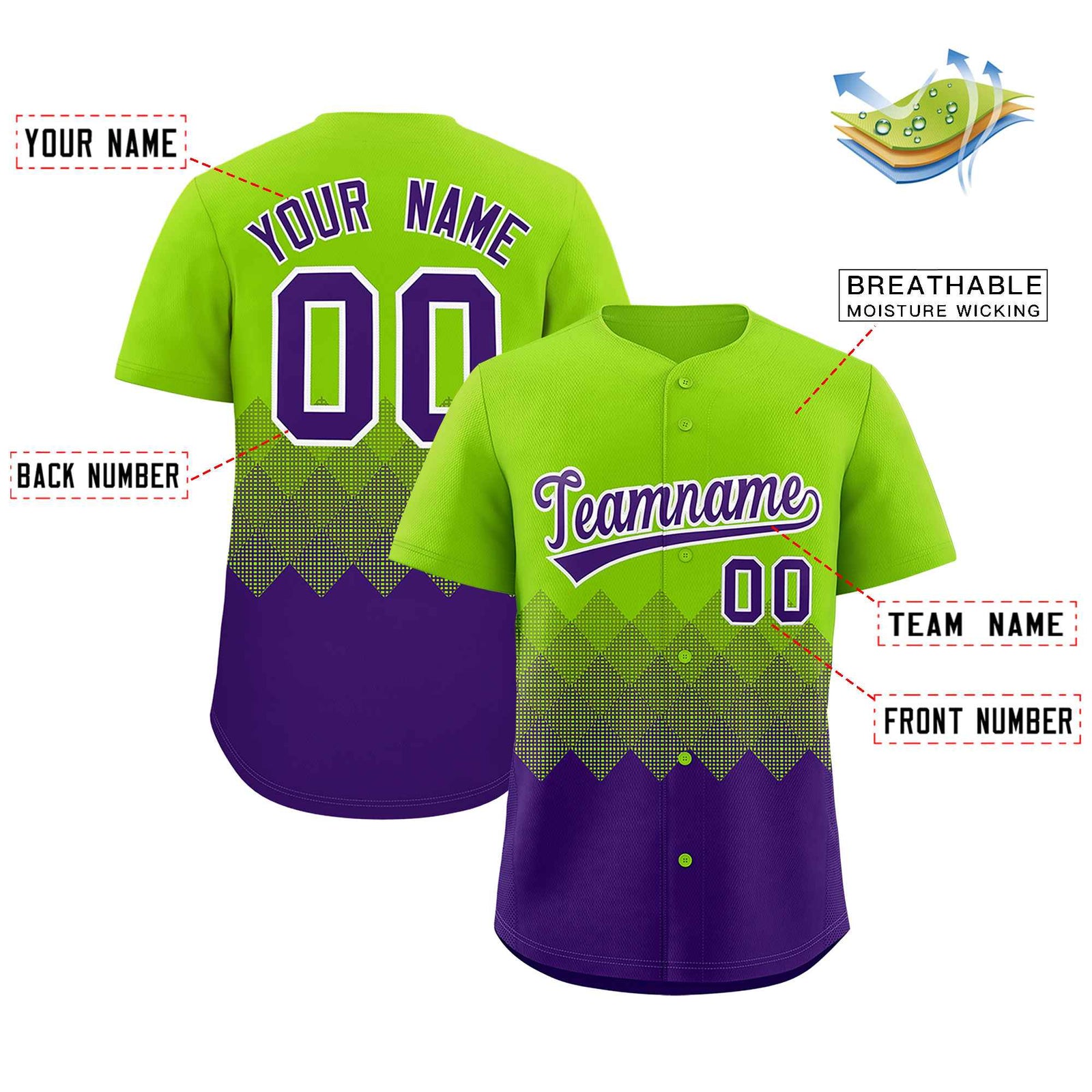Custom Neon Green Purple Grid Blur Pattern Authentic Baseball Jersey