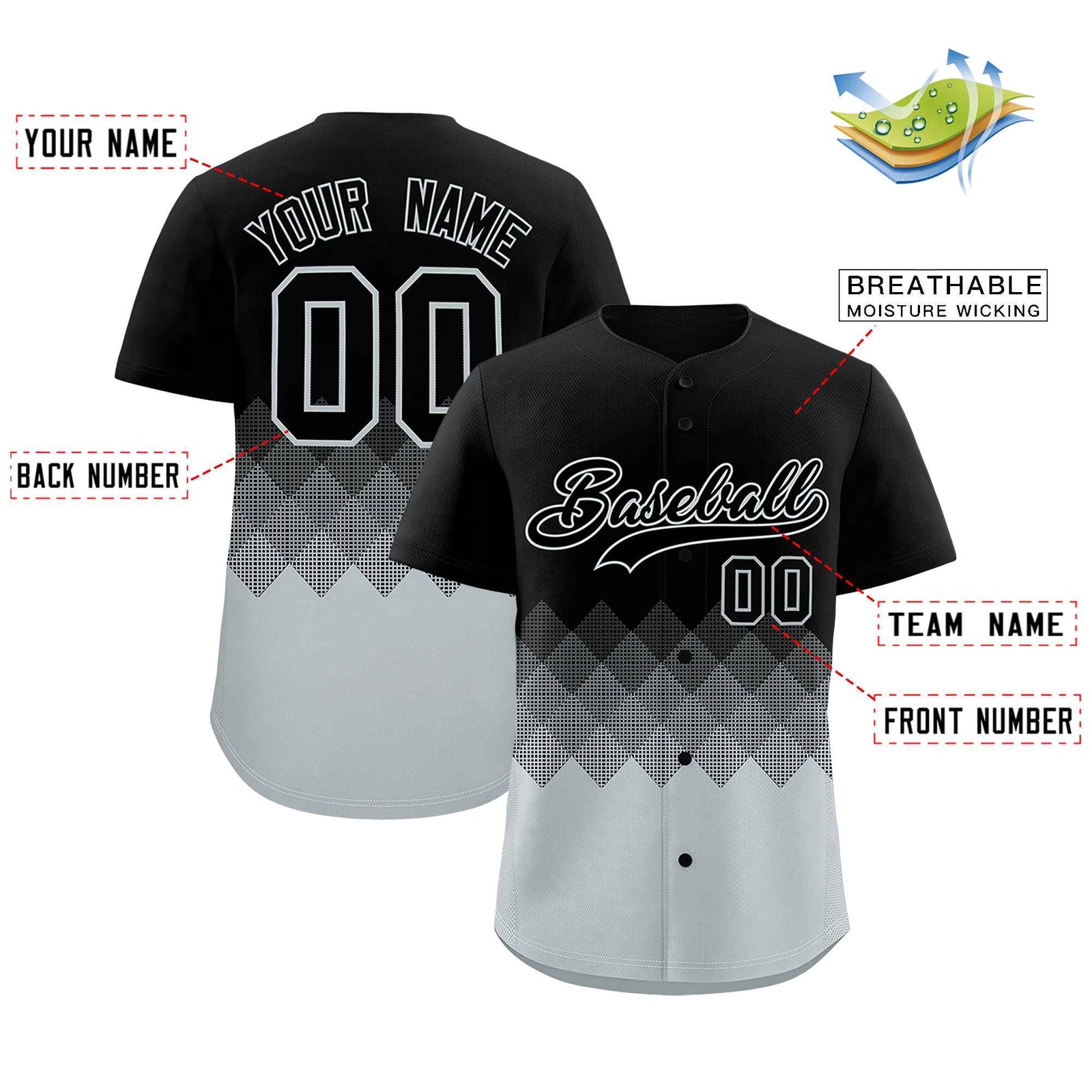Custom Black Silver Grid Blur Pattern Authentic Baseball Jersey